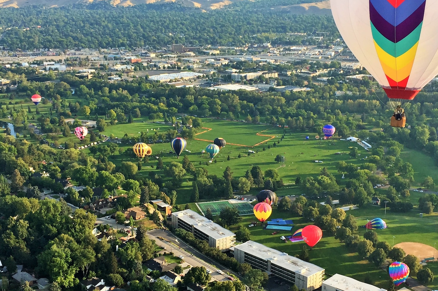 Hot air balloons over Ann Morrison Park in Boise, Idaho